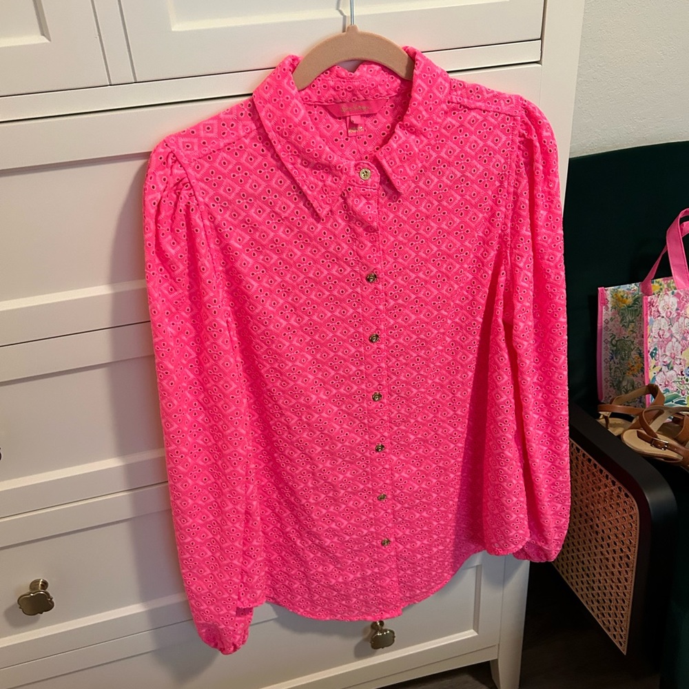 Lilly Pulitzer Neon Pink Eyelet Blouse L NWT